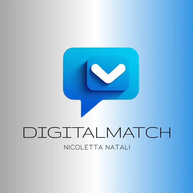 Logotipo de DIGITALMATCH — Nicoletta Natali: un bocadillo de conversación azul con una marca de verificación.